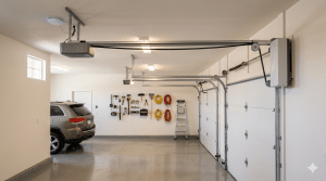 A clean garage with a parked SUV, organized tools and equipment on the wall, a ladder, and two closed garage doors.