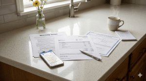 A kitchen counter with paperwork, a pen, a smartphone displaying a survey, a cup of coffee, and a notepad beneath a window with a vase of yellow flowers.