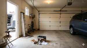 A garage with an open door, a parked SUV, tools and a bicycle along the wall, and a tool bag and box on the floor. Light comes in from the doorway.