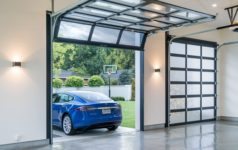 a modern garage door with blue cars parked