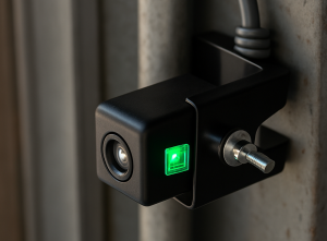 Close-up of a black garage door sensor with a glowing green indicator light, mounted on a gray metal surface with a visible cable attached