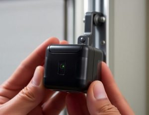 A person installs a small black motion sensor device on a metal frame, with a green indicator light visible on the device
