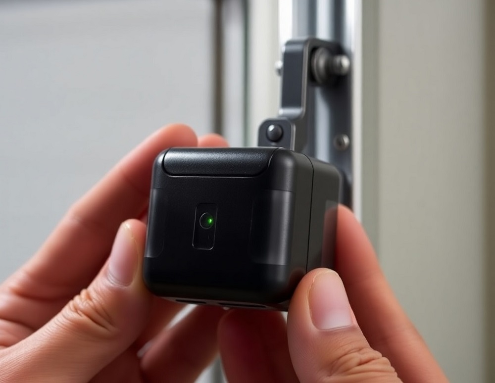 	
A person installs a small black motion sensor device on a metal frame, with a green indicator light visible on the device—a key step in quality garage door services Parker residents can trust.