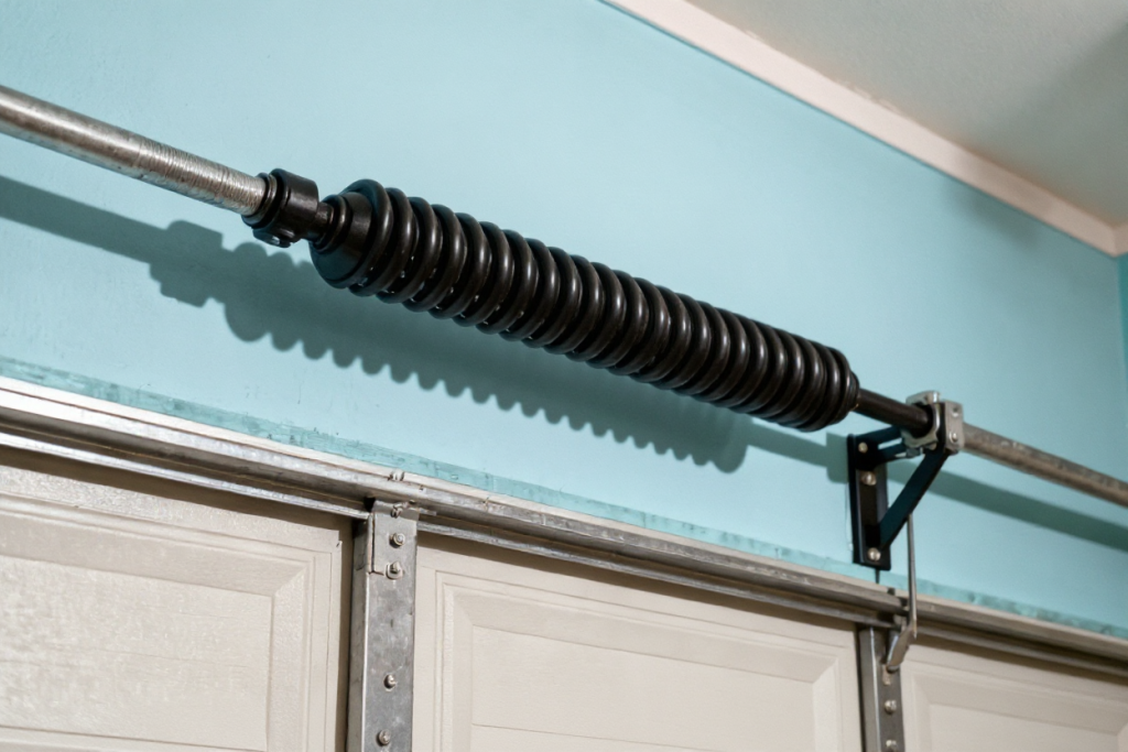Close-up of a black torsion spring and metal support bracket installed above a white garage door against a light blue wall, ideal for those needing garage door spring repair Parker.