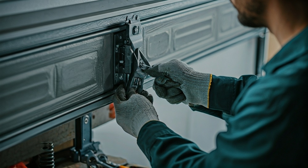 A person wearing gloves uses tools to adjust or repair the metal mechanism of a garage door during a Garage Door Inspection Greenwood.