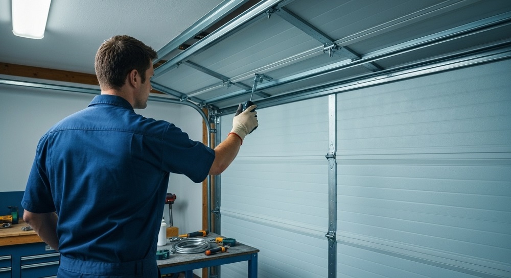 A technician in a blue uniform and gloves performs a Garage Door Inspection in Greenwood, repairing the mechanism of a garage door using tools in a workshop setting.