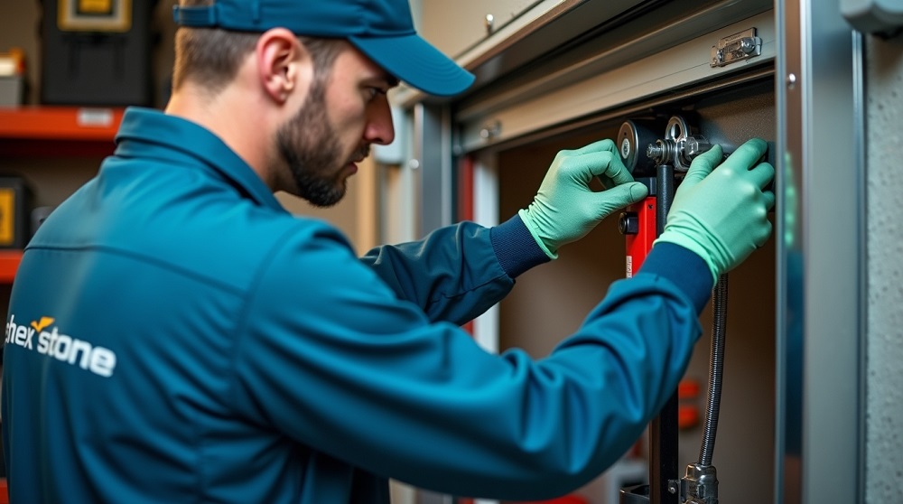 	
A man in work clothes conducts a Garage Door Inspection in Greenwood, adjusting or repairing an automatic garage door mechanism inside a garage with a handheld tool.