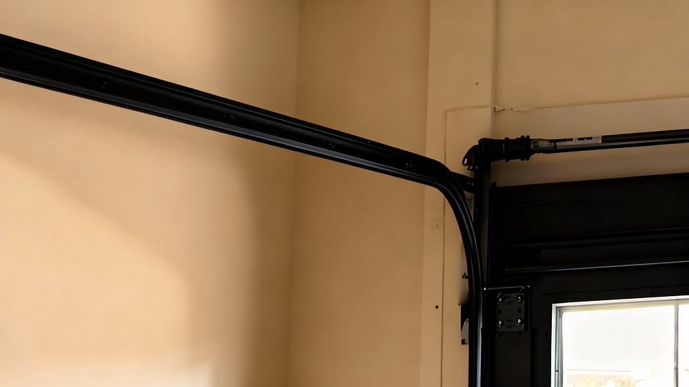 Close-up view of a damaged garage door track system mounted on a beige wall near a window, highlighting part of the mechanical hardware.