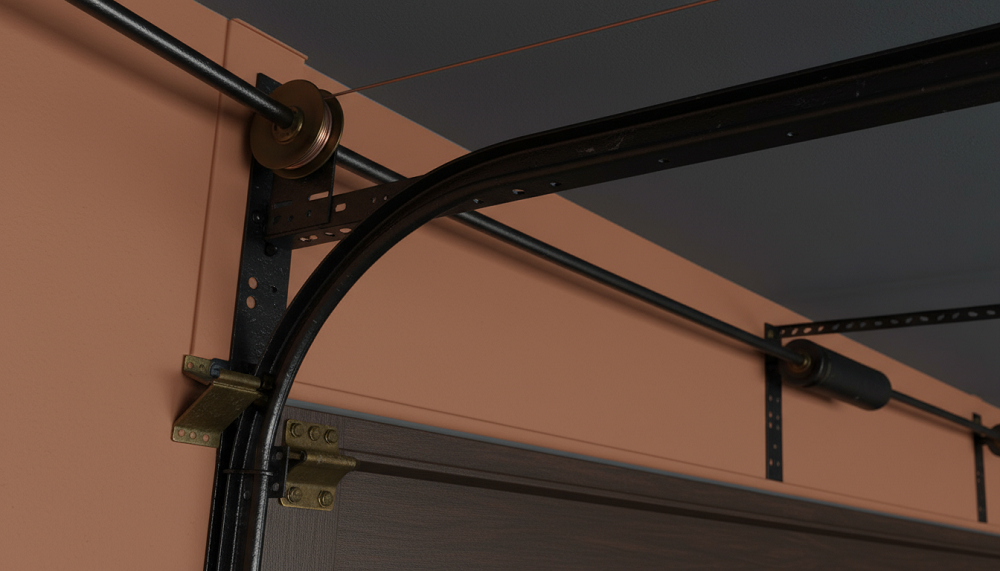 Close-up view of a damaged garage door track and pulley system mounted on a wall and ceiling with metal brackets.