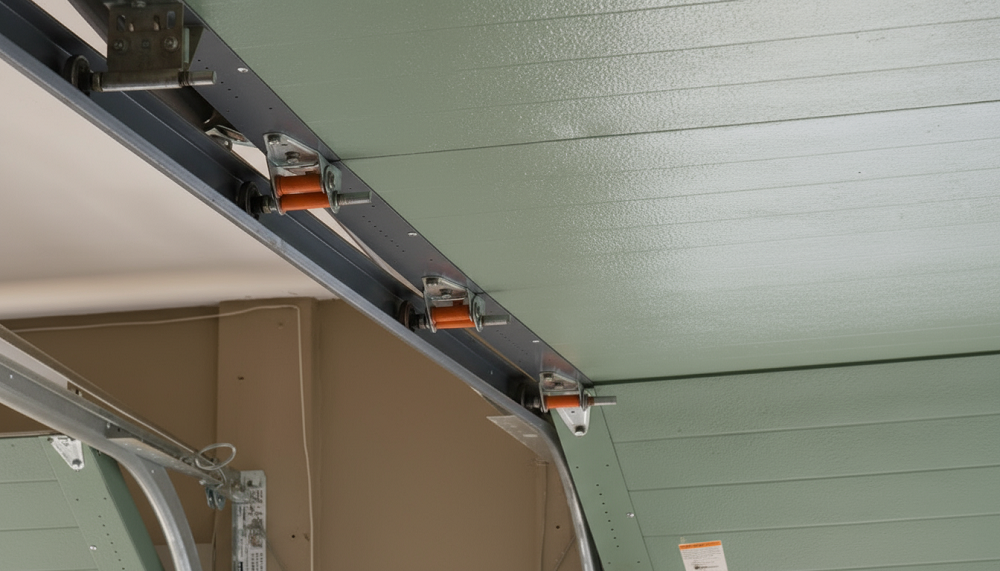 Close-up view of the upper section of a green garage door showing its metal track, mounting brackets, and orange rollers, highlighting a potentially damaged garage door track.