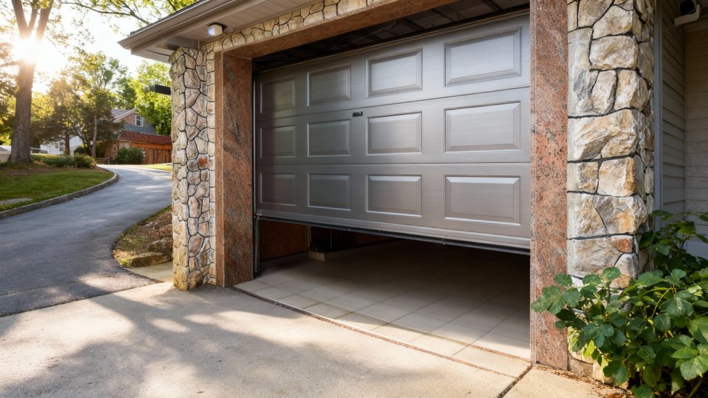 	
A partially open garage door on a stone-faced suburban house with sunlight filtering through trees and a curved driveway outside.
