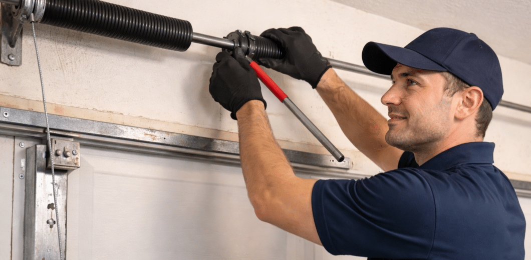 A technician in gloves and a cap uses a wrench to adjust the torsion spring on a residential garage door.