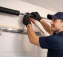 A technician in gloves and a cap uses a wrench to adjust the torsion spring on a residential garage door.