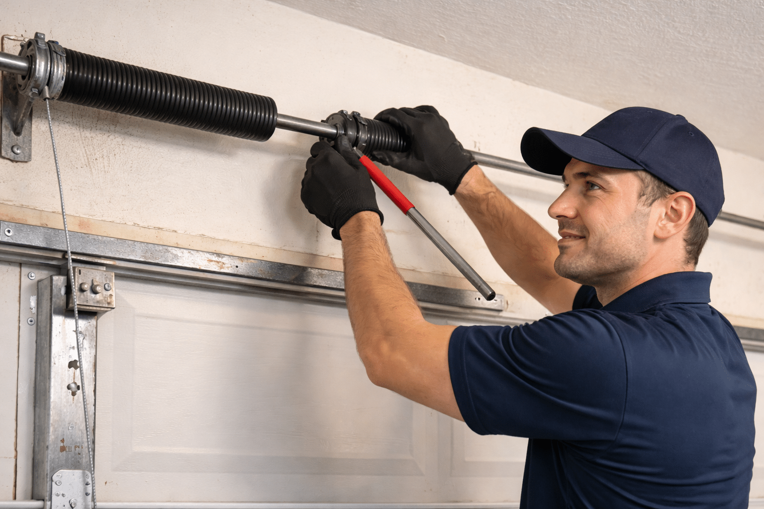 A technician in gloves and a cap uses a wrench to adjust the torsion spring on a residential garage door.