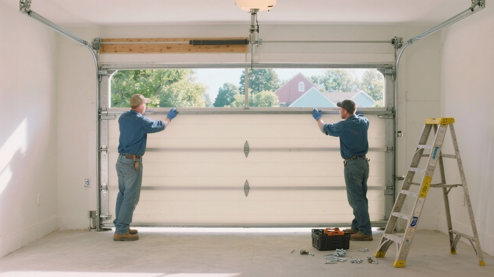 Two workers in blue shirts install or repair a garage door in a clean, empty garage, possibly replacing just one panel of a garage door. A ladder and toolbox with tools are nearby.