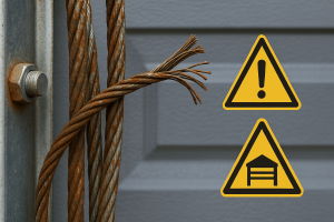 Garage door cables with rust and fraying, paired with warning icons to symbolize danger and the need for repair.