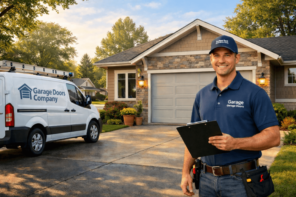 A garage door technician stands in front of a suburban house holding a clipboard, with a company van labeled "Garage Doors Company" parked in the driveway.