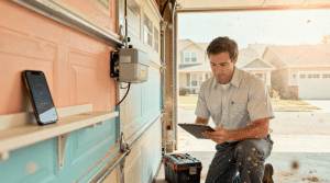 A technician kneels in a garage, using a tablet to check a wall-mounted garage doors Lakewood device, with tools and a smartphone nearby.