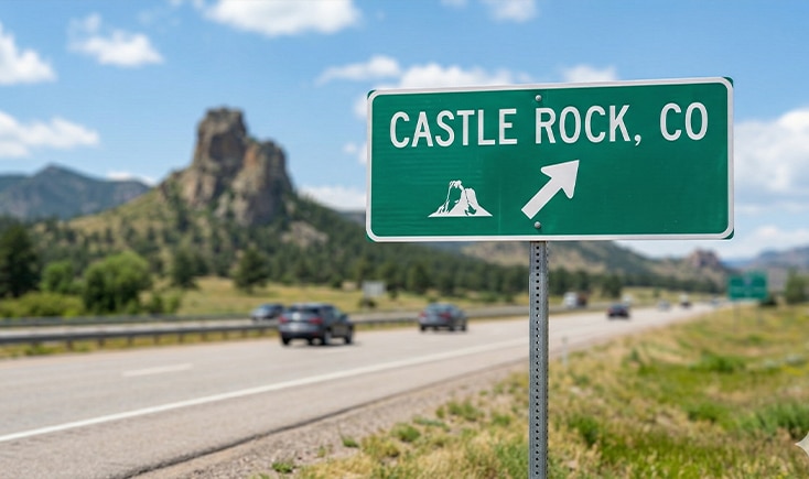 Green road sign for Castle Rock, Colorado, with cars driving on a nearby highway and a large rock formation visible in the background.