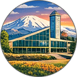 Modern glass building with a tall tower in front of a snow-capped mountain, under a colorful sky, surrounded by greenery and flowers.