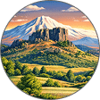 Circular image showing a rocky plateau surrounded by green fields and trees, with a snow-capped mountain and colorful sky in the background.