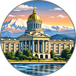 A domed government building with columns sits beside a body of water, with snow-capped mountains in the background under a colorful sky.