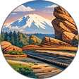 A round illustration of a snow-capped mountain, pine trees, rock formations, and a river under a partly cloudy sky.