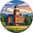 A red brick building with a clock tower stands in front of snow-capped mountains and trees under a colorful sky.