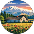 A white barn sits in a field of flowers with a forest and a snow-capped mountain in the background under a colorful sky.