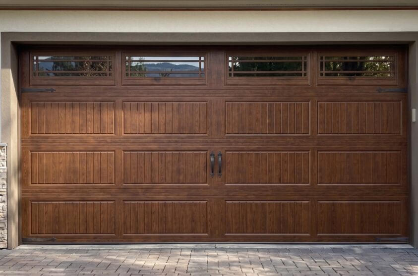 Brown wooden garage door with vertical and horizontal paneling, decorative black hardware, and four small rectangular windows along the top.