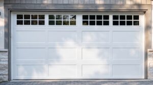 White sectional garage door with rectangular paneling and a row of small windows at the top, set in a stone and wood exterior wall.