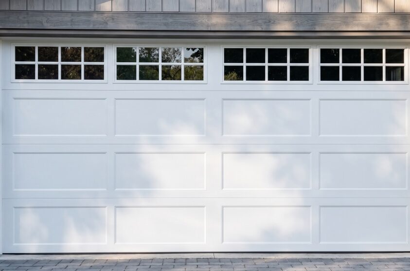 White sectional garage door with rectangular paneling and a row of small windows at the top, set in a stone and wood exterior wall.