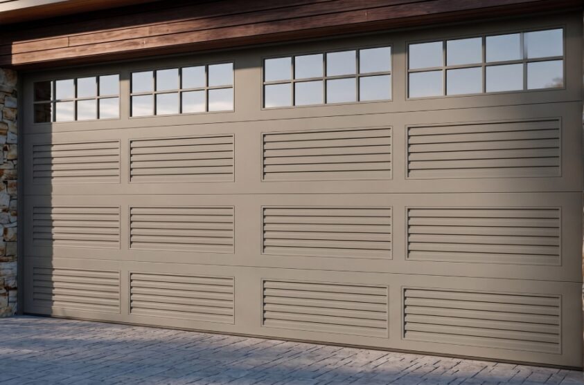 A large closed garage door with horizontal paneling and small windows at the top, set in a stone exterior wall.