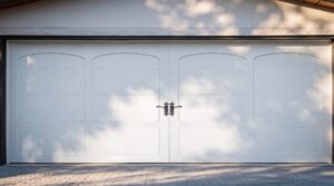 Closed white garage door with four panels and decorative handles, with tree shadows cast on the surface and a stone driveway in front.