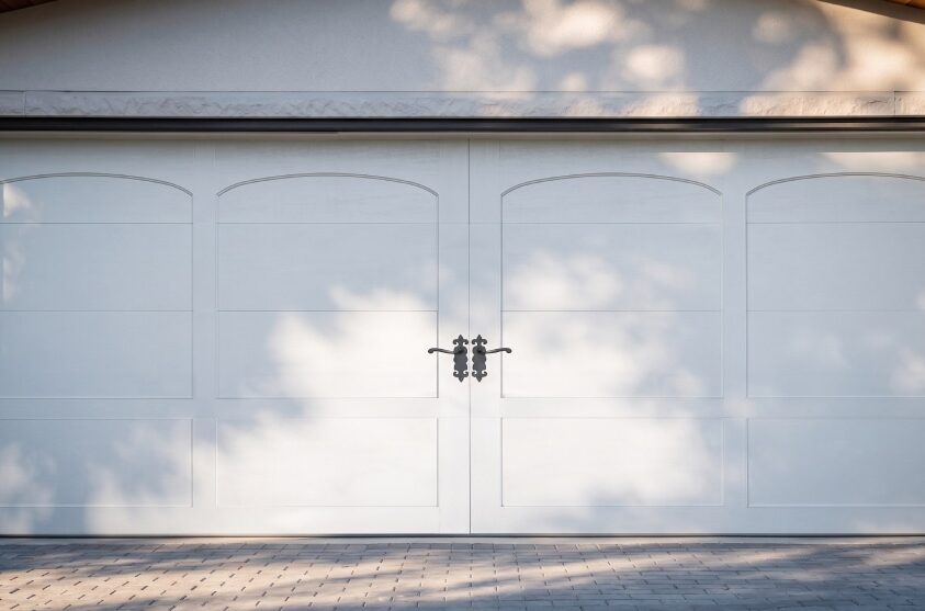 Closed white garage door with four panels and decorative handles, with tree shadows cast on the surface and a stone driveway in front.