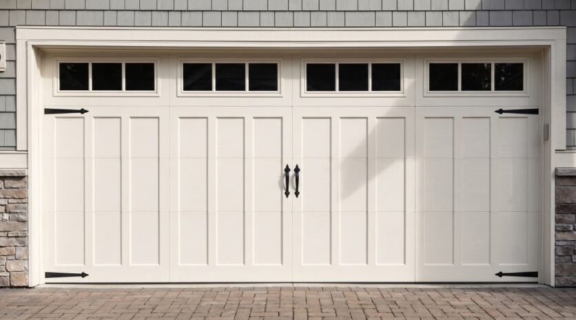 Closed white garage door with vertical panels, black decorative hinges, handles, and four rectangular windows along the top. Brick driveway and partial view of house siding and stone trim.