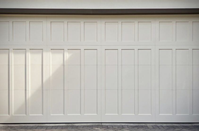 A clean and white garage door in a residential area after the renovation