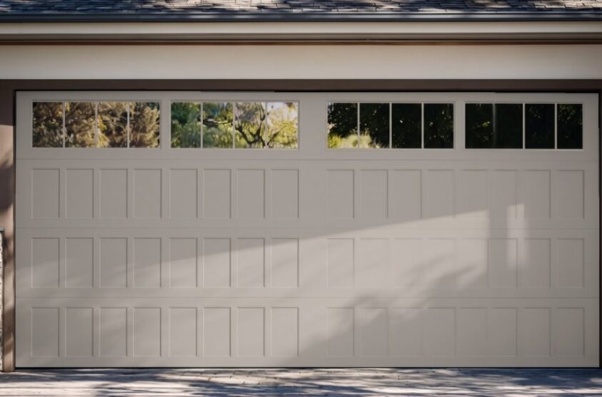 Closed beige garage door with rectangular panel design and four upper windows, surrounded by stone and stucco exterior.