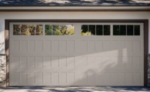 A residential white garage door in a after the renovation