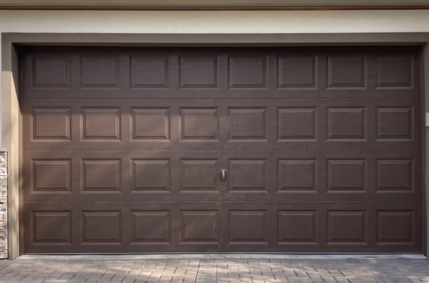 Closed brown sectional garage door with rectangular panels, set within a stone-trimmed exterior and a paved driveway in front.