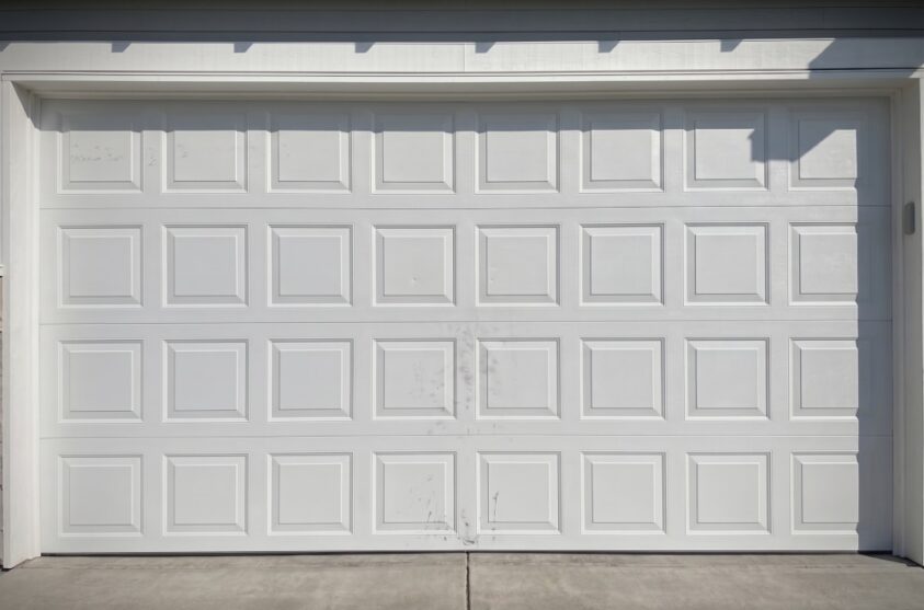 Closed white sectional garage door with a rectangular panel design, shown from the outside, beneath a white overhang on a concrete driveway.