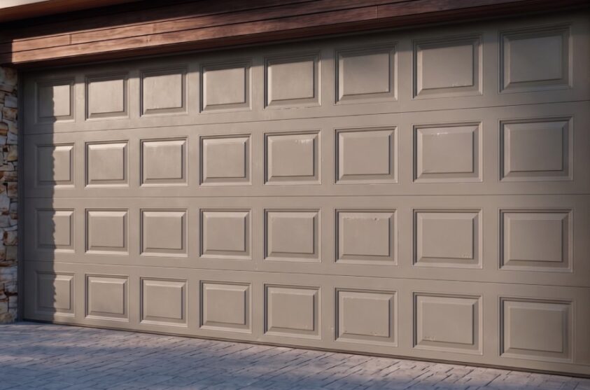 Closed beige paneled garage door with a rectangular pattern, surrounded by stone and wood trim, with a paved driveway in front.