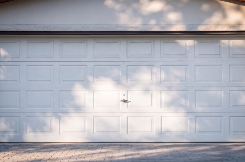 Closed white garage door with rectangular panels, subtle shadows from trees, and a paved driveway in front.