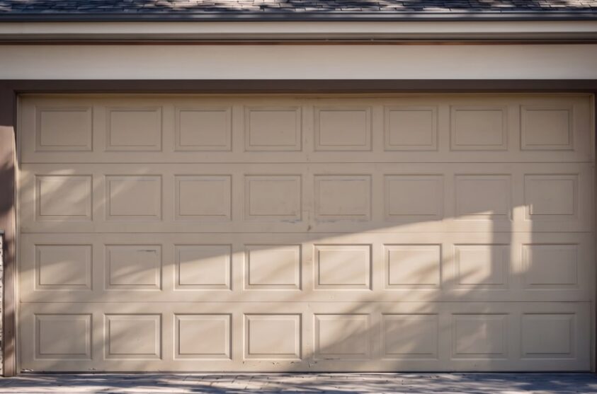 A white dirty garage door in a residential area before the renovation