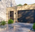 Modern house exterior featuring a wooden facade, black garage door, entry door, wall-mounted lights, and neatly trimmed shrubs along the driveway.