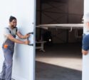 Two men open large hangar doors, revealing a small aircraft inside.