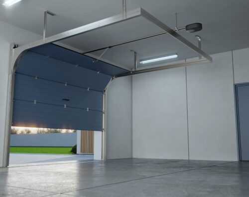A modern, empty garage with a partially open blue sectional garage door, concrete floor, and white walls.