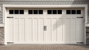 Clean white carriage-style residential garage door with black hinges and glass panels installed by Select Garage Doors