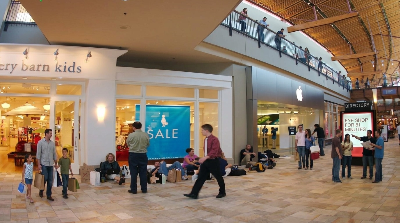 People are gathered and waiting in line outside a store inside a Broomfield, CO shopping mall, with some sitting on the floor and others holding shopping bags.