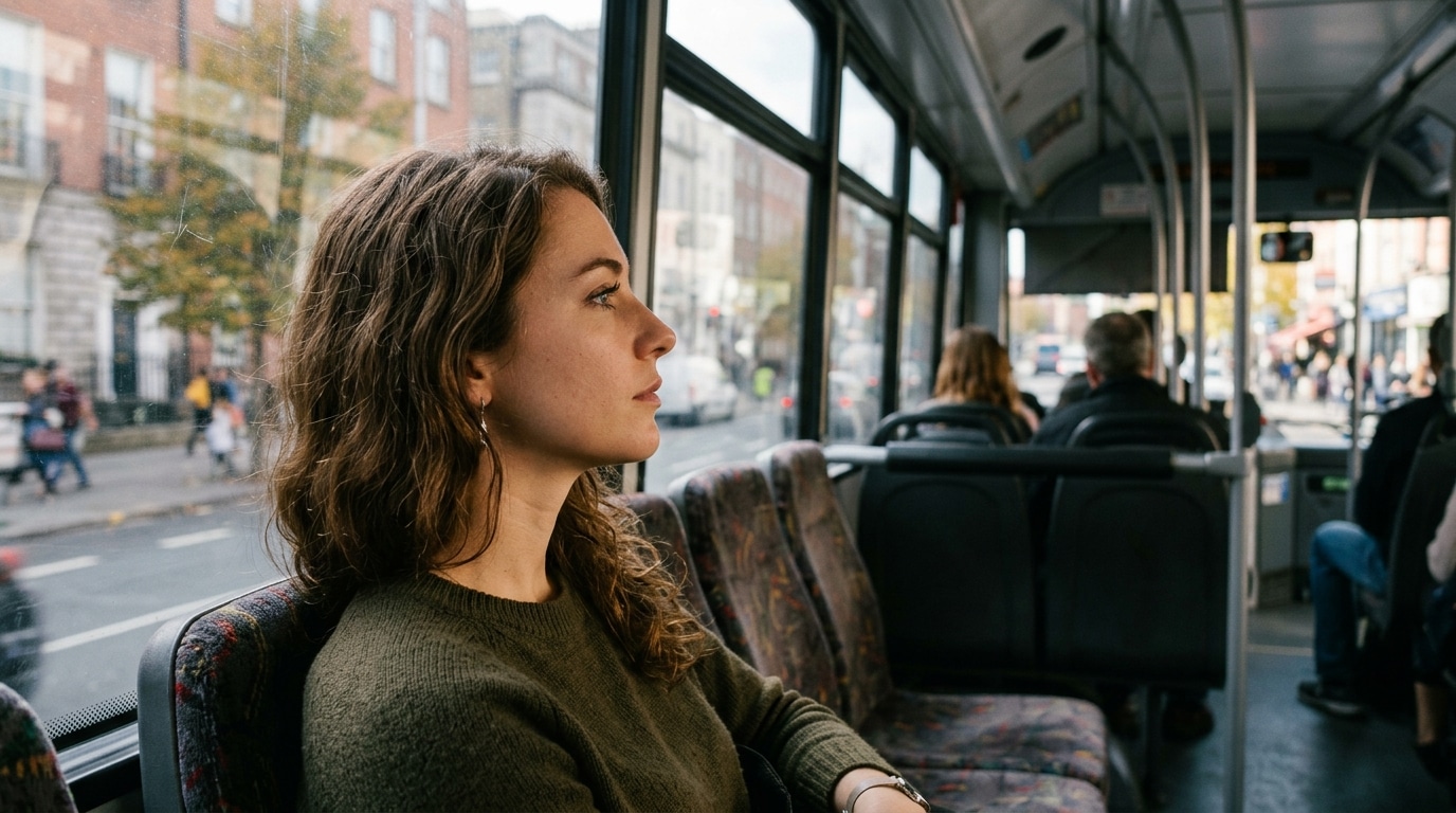 A young woman with wavy hair sits alone by the window on a city bus in Broomfield, CO, gazing outside as other passengers ride quietly in the background.